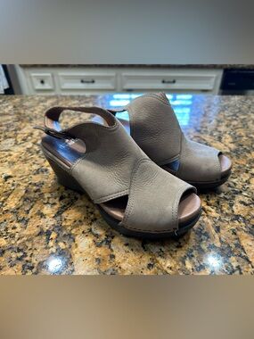 Dansko Taupe Slingback Peep-Toe Wedge Sandals